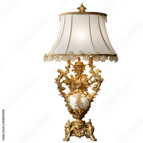 Fototapeta French Rococo ornate gold table lamp with silk shade, isolated on a empty plain background