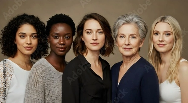 Fototapeta Confident group portrait of five diverse multi-ethnic women of varying ages standing together against a neutral backdrop.