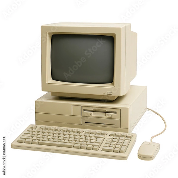 Obraz Classic beige personal computer system with CRT monitor, desktop tower, wired keyboard, and mouse, evoking technological history.