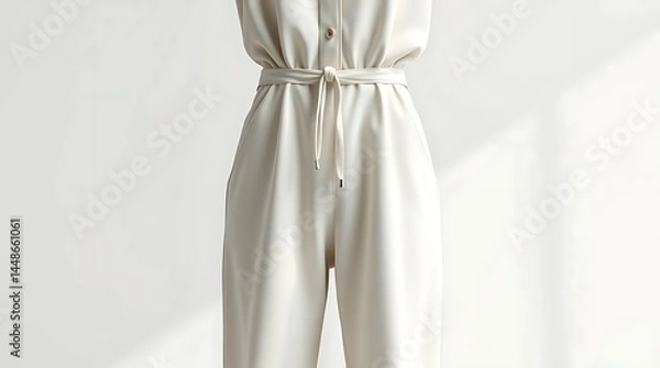 Fototapeta  Elegant Sleeveless Wide-Leg Jumpsuit in Soft Beige with Button-Down Front and Adjustable Tie Waist - Versatile Women's Fashion for Casual and Dressy Occasions