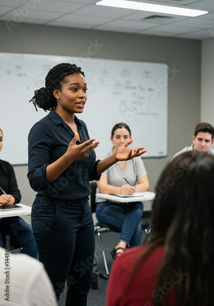 Fototapeta Black woman leading adult group in modern classroom