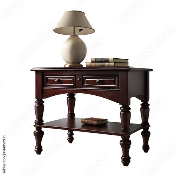 Fototapeta Colonial dark cherry nightstand with turned legs, isolated on a empty plain background