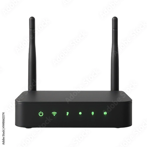 Obraz Front view of a modern black wireless internet router with its bright green illuminated connection status icons clearly visible.
