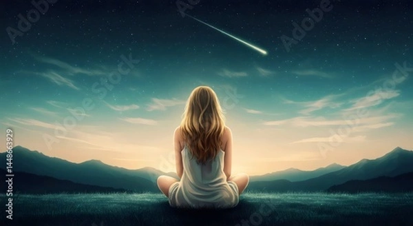 Obraz Woman sitting peacefully in lotus pose watching a shooting star in the night sky over mountains, symbolizing hope and dreams.