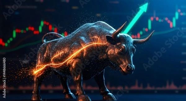 Fototapeta Metallic bull statue with glowing energy lines and particle effects symbolizing dynamic stock market growth and technology.