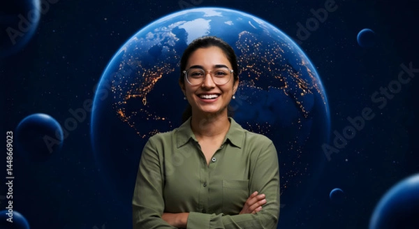 Obraz Smiling young Indian woman professional posing confidently with arms crossed against backdrop of Earth from space.