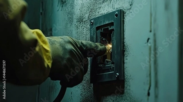 Fototapeta Gloved technician hand pulling sparking plug from socket in darkened room, emphasizing workplace safety and danger.