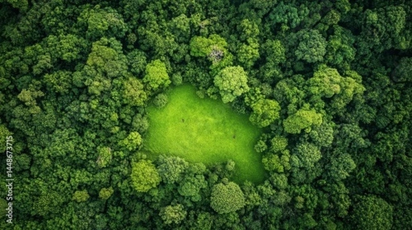 Fototapeta Aerial view of a lush green forest with a vibrant meadow creating a natural clearing showcasing nature's beauty and tranquility in a serene environment from above