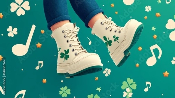 Fototapeta A pair of minimalistic Irish dancing shoes adorned with shamrocks, floating against a green background with musical notes and stars