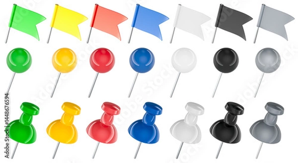 Obraz Colored Push Pins, round head push pins and Flag Push Pins, 3D rendering isolated on transparent background