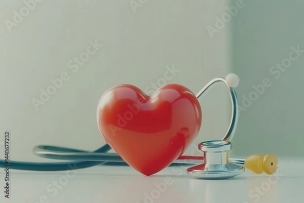 Obraz Heart health concept with stethoscope and red heart shape on white background in studio shot for medical wellness