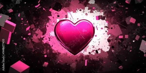 Fototapeta A vibrant, pulsating pink heart icon surrounded by abstract shards and a dark background, creating a dynamic visual effect
