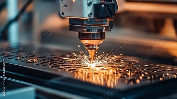 Obraz High Precision Laser Cutting Machine Creating Sparks on Metal Sheet