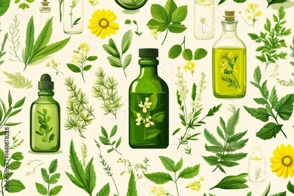 Fototapeta A seamless minimalistic pattern featuring various green bottles and botanical illustrations with flowers and leaves