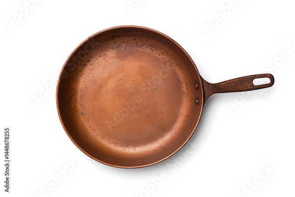 Obraz Top-down studio shot of a copper-colored frying pan with a long handle, centered on a white background, showcasing its aged appearance and simple design.