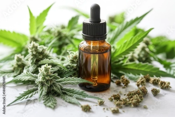 Fototapeta An amber glass bottle with a dropper sits among fresh cannabis leaves and buds on a light surface