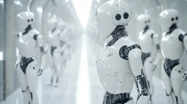 Obraz Futuristic Robots in High-Tech Corridor Showcasing Advanced Design