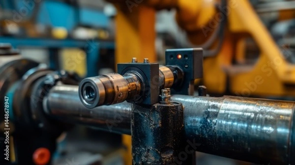 Obraz Close-Up of Industrial Camera Mounted on Large Steel Pipe in Workshop