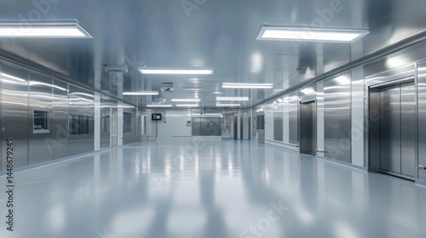 Obraz Modern Industrial Space with Reflective Surfaces and Bright Lighting