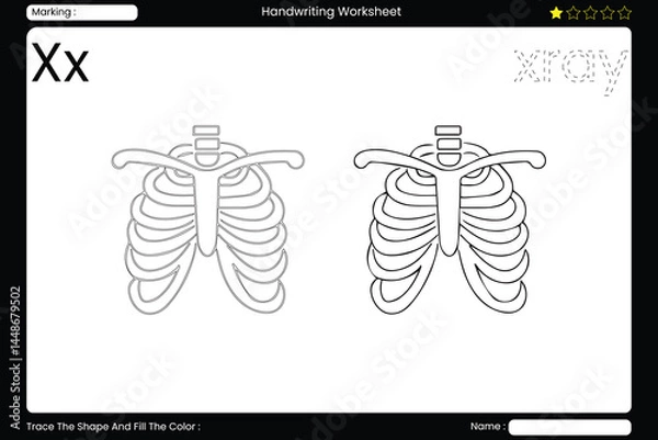 Fototapeta Trace Letter X. Exploring X-ray Coloring Page for Kids. Printable Vocabulary Builder. Educational Vector Worksheet.