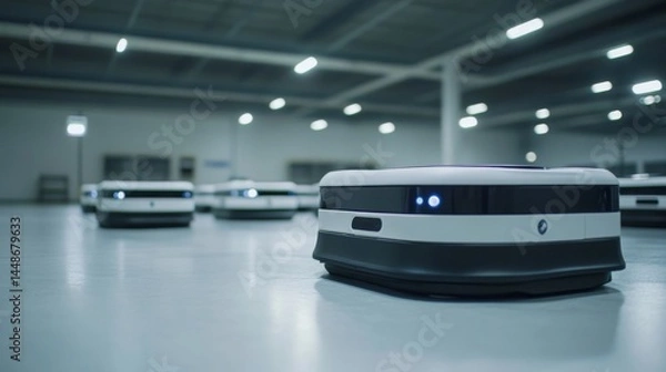 Fototapeta Autonomous Delivery Robots Navigate Modern Warehouse Environment