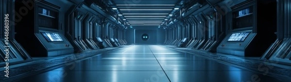 Obraz Futuristic Sci-Fi Corridor with High-Tech Panels and Dim Lighting