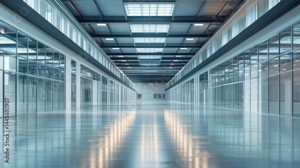 Obraz Modern Empty Warehouse with Glass Walls and Bright Reflection Floor