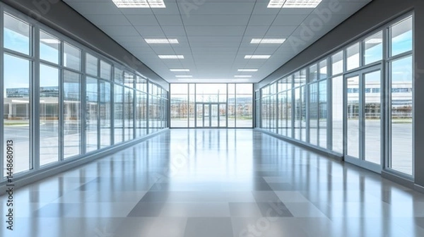 Obraz Modern Hallway with Large Windows and Bright Natural Light