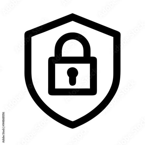 Obraz Black shield icon with a padlock inside, symbolizing data protection, privacy, cybersecurity, or secure access in tech and safety contexts.
