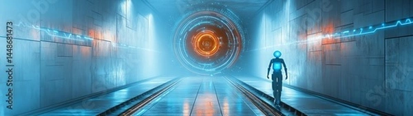 Obraz Futuristic Corridor with Neon Lights and Silhouette of a Figure