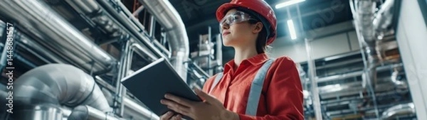 Obraz Engineer in Red Shirt Analyzing Data in Industrial Environment