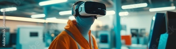 Obraz Person Wearing Virtual Reality Headset in Innovative Workspace