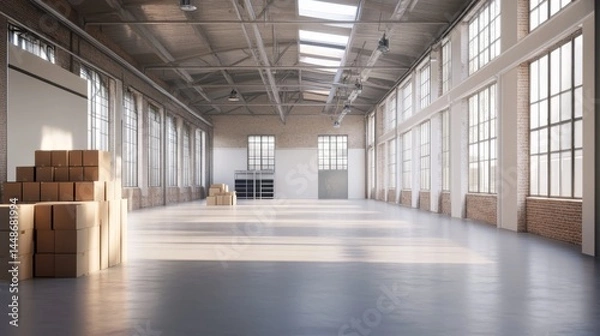 Obraz Bright and Spacious Warehouse Interior with Stacks of Cardboard Boxes