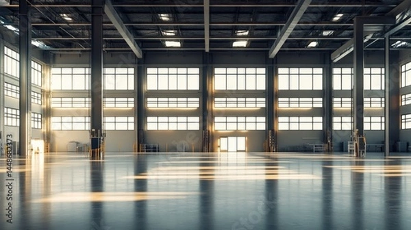Obraz Modern Industrial Warehouse Space with Large Windows and Open Floor
