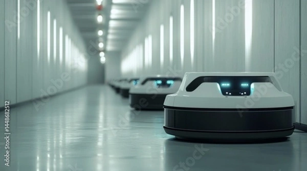 Obraz Autonomous Delivery Robots Moving Through Modern Warehouse Interior