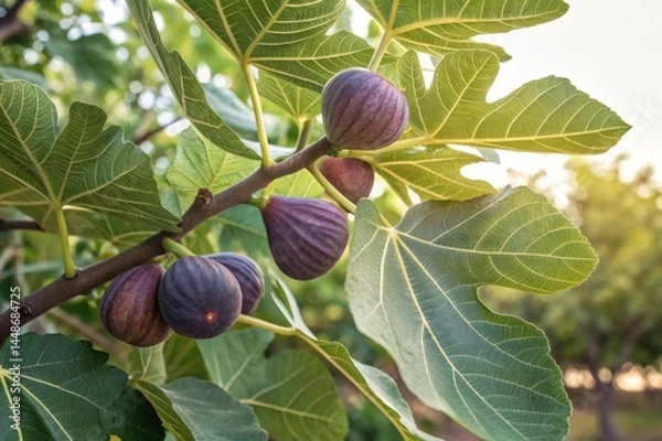 Fototapeta Harvesting fig fruits from a lush fig tree with large lobed leaves and purple figs in a serene orchard environment