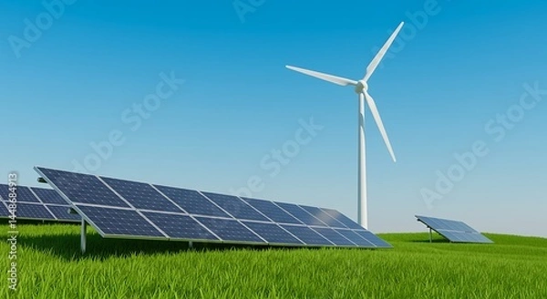 Fototapeta Solar panels and wind turbine generating green energy renewable power on a sunny day clear blue sky