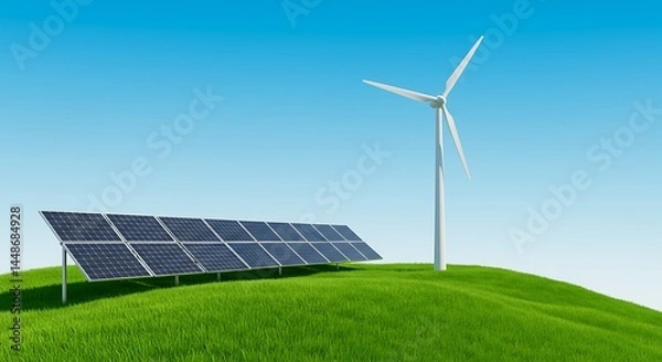 Fototapeta Solar panels and wind turbine on green hill under blue sky renewable energy clean energy sustainable power generation