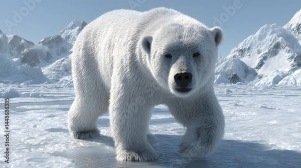 Fototapeta Polar bear walks on a snow-covered Arctic landscape with a backdrop of snow-capped mountains and a clear blue sky, animal wildlife