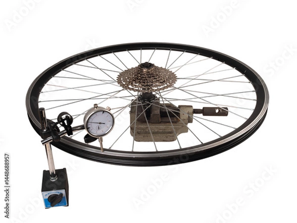 Obraz Checking a bicycle wheel with a dial gauge. Isolated background.