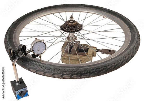 Obraz Checking a bicycle wheel with a dial gauge. Isolated background.