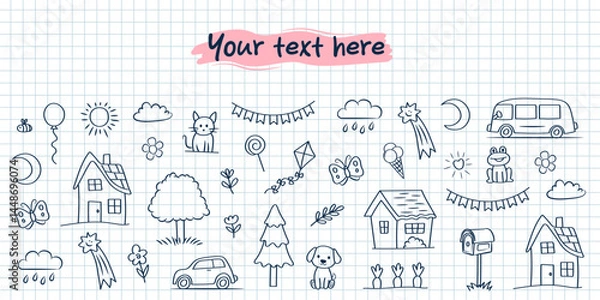 Fototapeta Banner template. Cute doodle children's drawings on a notebook sheet. Vector background for your text.