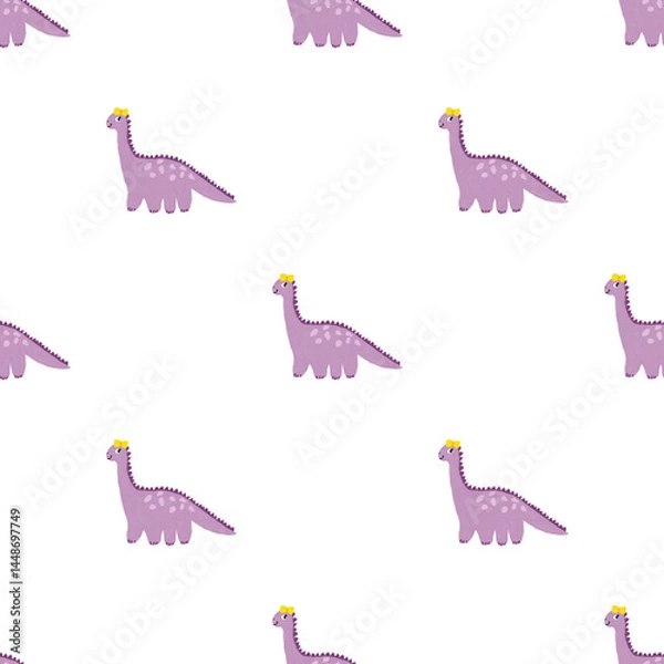 Obraz dinosaur girl in yellow bow seamless pattern on white background, kids fabric and textile texture, nursery decoration, accessories.