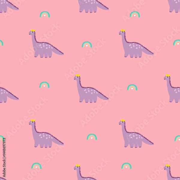 Obraz dinosaur girl in yellow bow seamless pattern with rainbow elements, kids fabric and textile texture, nursery decoration, accessories.