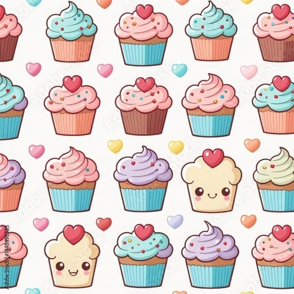 Fototapeta seamless pattern of colorful cupcakes with pink and white hearts, hand drawn illustration on a background.