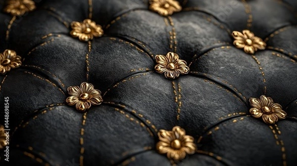 Obraz A black velvet fabric background with golden embroidery, rich in texture and style