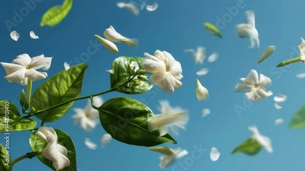 Obraz Captivating Jasmine Bloom Cascade Against Azure Sky Serene Floral Composition Delicate Petals Floating in Gentle Breeze Artistic Botanical Still Life Freshness Springtime