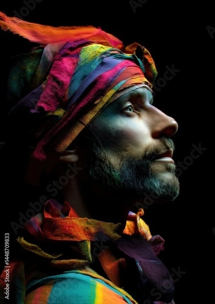 Fototapeta Portrait d'un homme barbu, la tête enveloppée de bandages colorés, vêtu d'un vêtement en tissu multicolore éclatant, vue de profil, fond noir.
