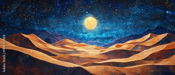 Fototapeta A painting of a desert landscape with a large moon in the sky