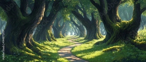 Fototapeta A path through a forest with trees on either side